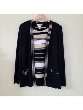 Vtg Exclusively Misook Womens S  Black Beige White 2 Piece Set Cardigan Tank Top